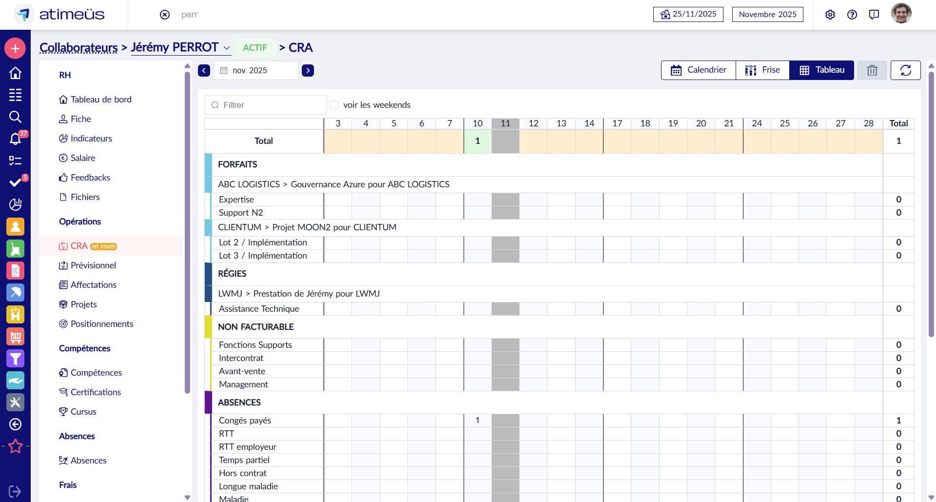 Saisie du CRA en mode Tableau