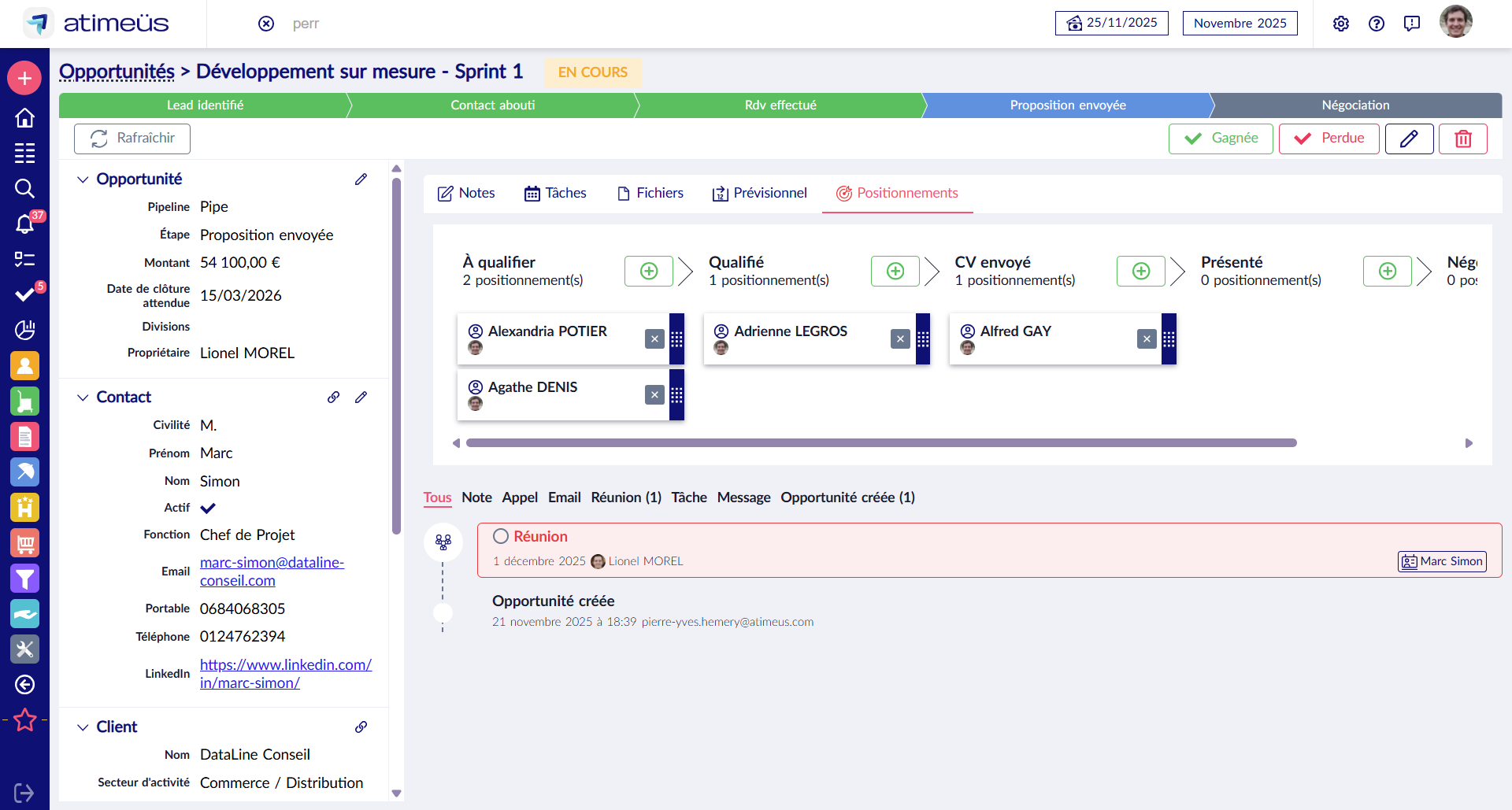 Gestion des positionnements sur une opportunité